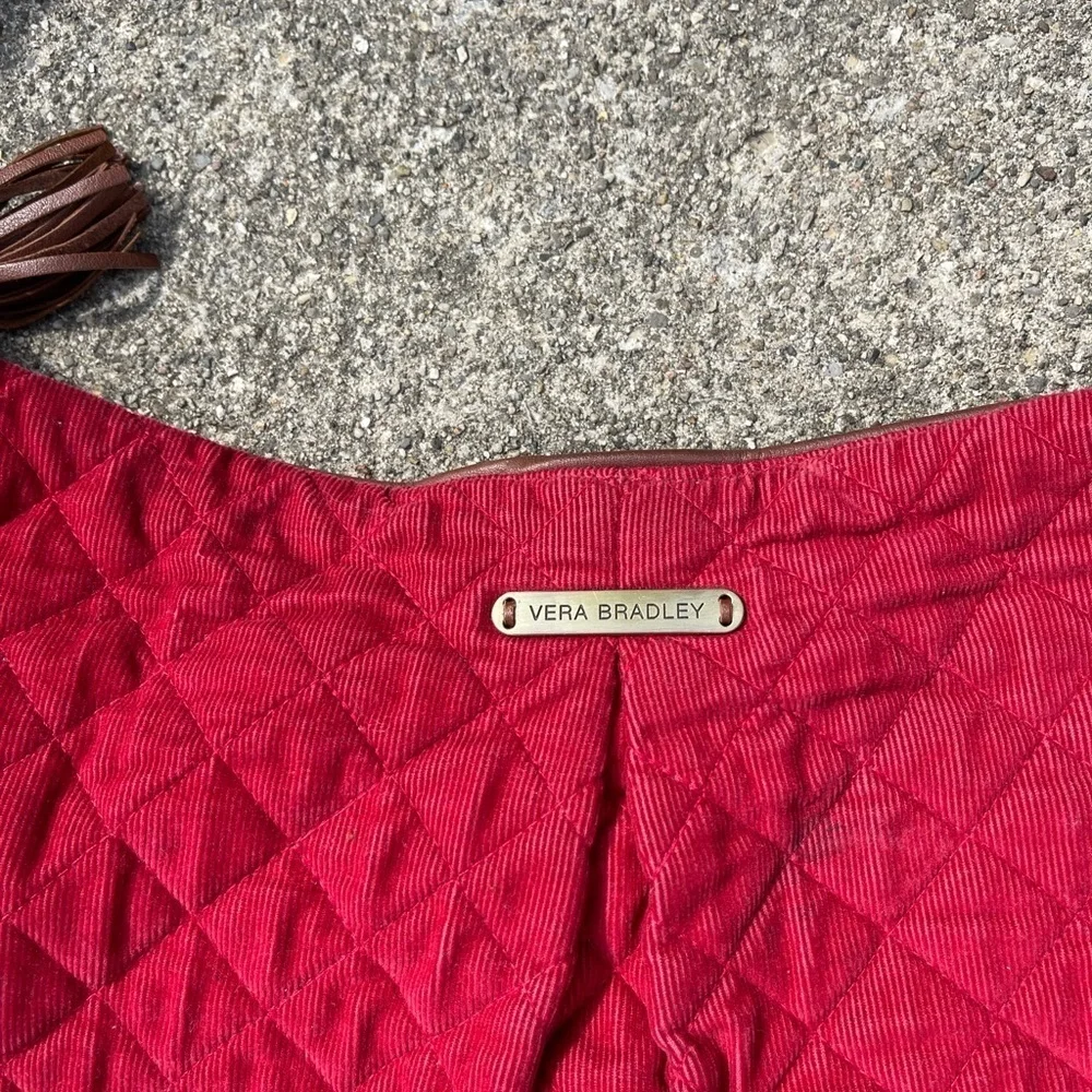 Retired Vera Bradley Red Corduroy Brown Leather Hobo Handbag Purse